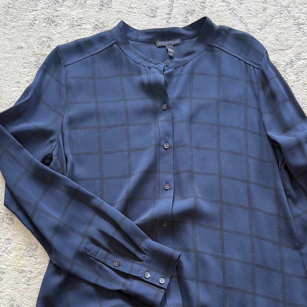 Eileen Fisher Navy Checkered Long Sleeve Shirt Dress - Picture 5 of 6